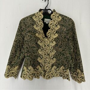 Farinae Vintage Blazer Jacket Embroidered Snap Closure Woman’s 8 Green Gold